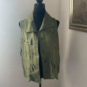 LAUREN Ralph Lauren Olive Green 100% Linen button down utility vest Sz S